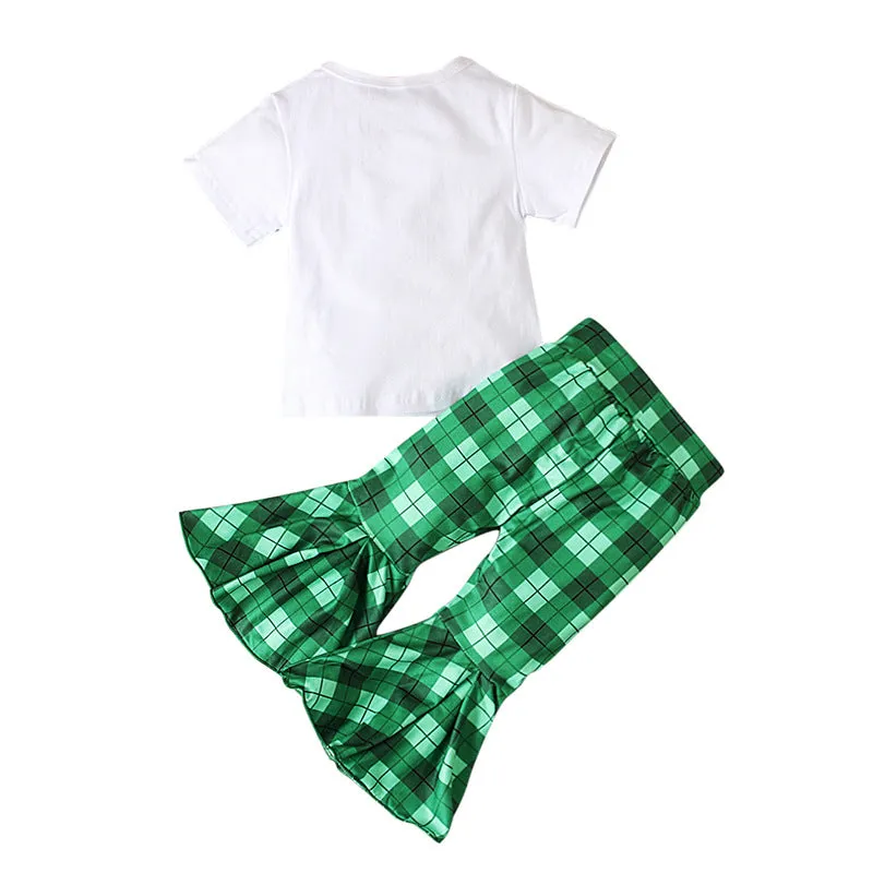 2 Pieces Set Baby Kid Girls St Patrick's Day Letters Tops And Checked Pants Wholesale 24030105