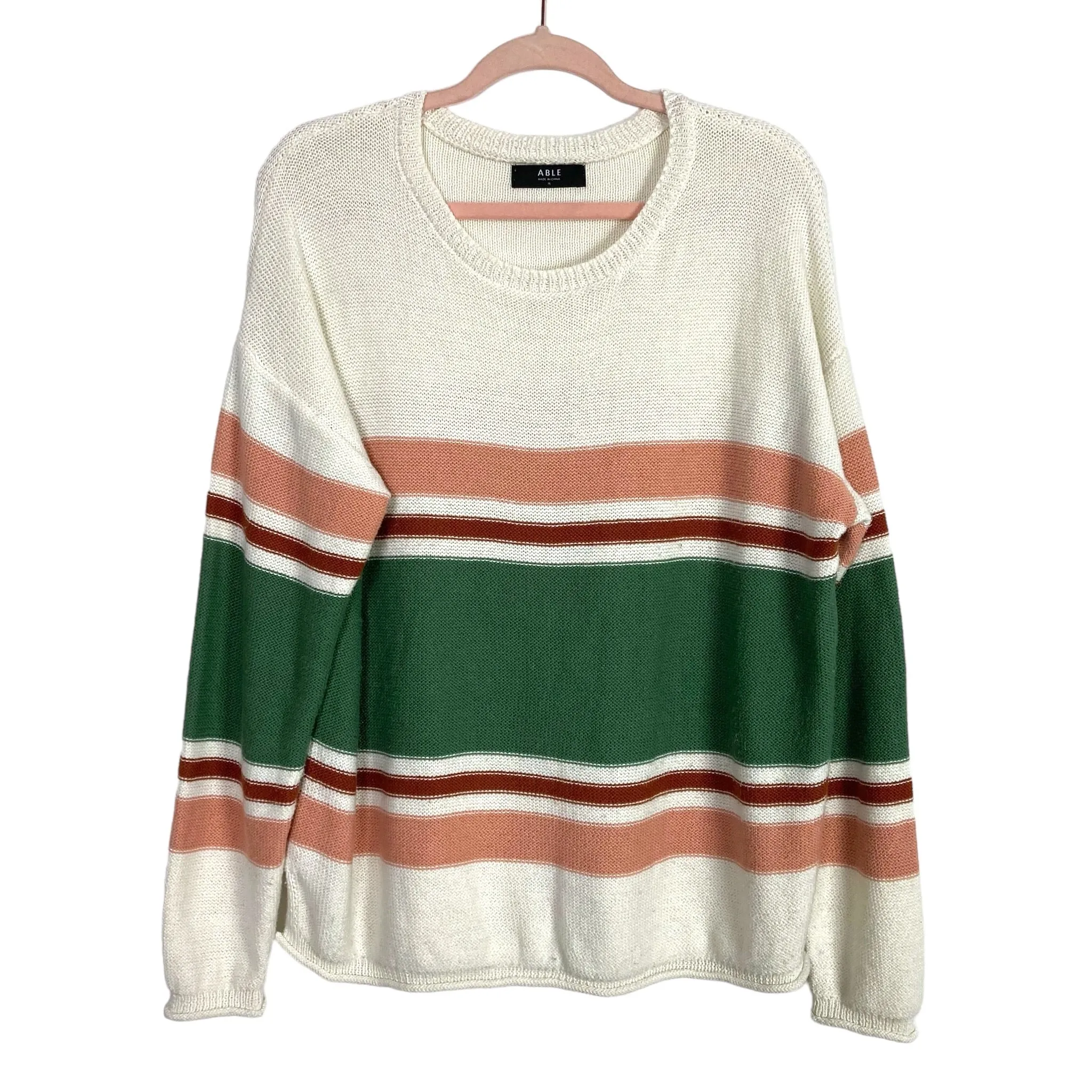 Able Cream/Blush/Brown/Green Striped Roll Hem Tunic Sweater- Size XL