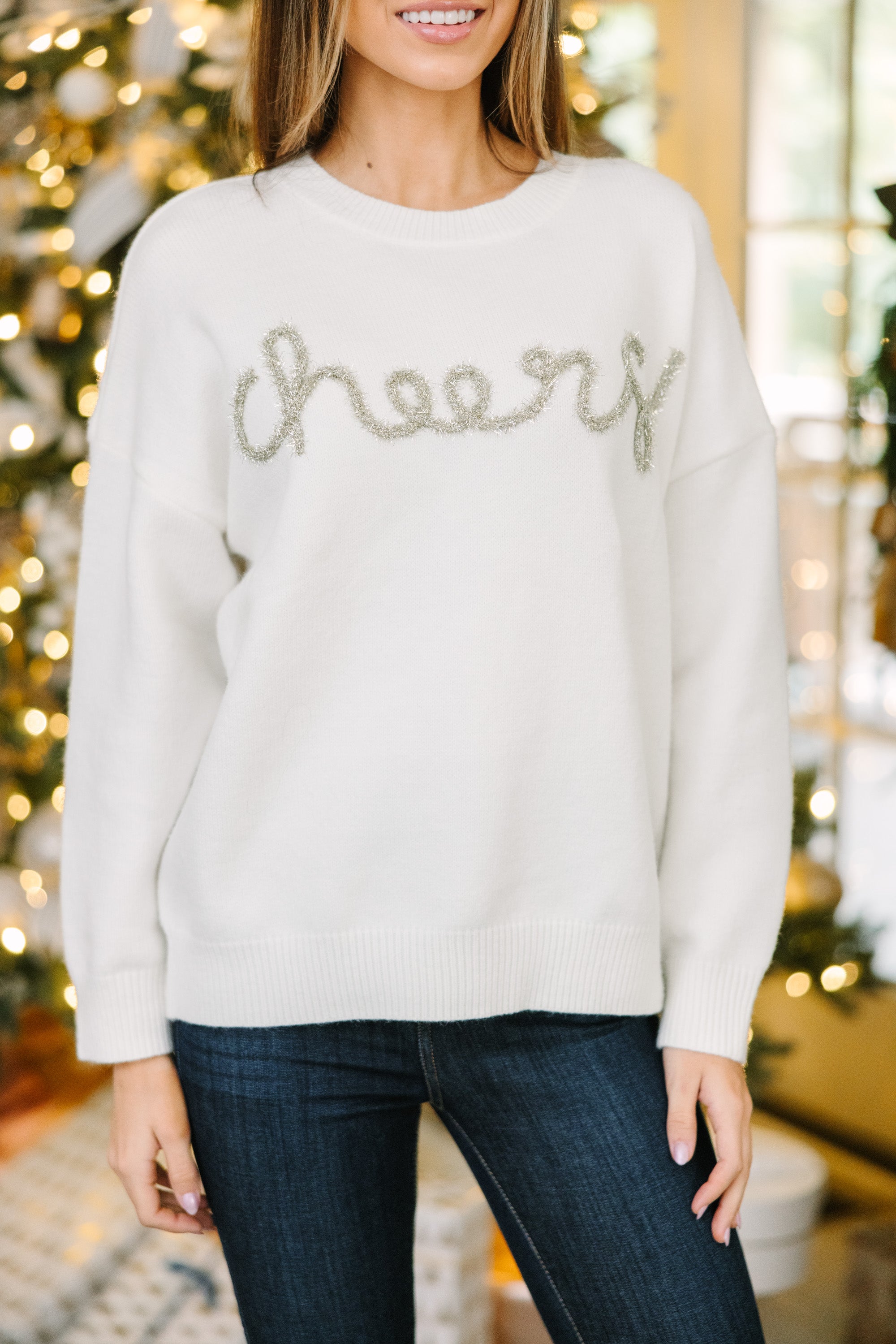 All Cheer Cream White Script Sweater