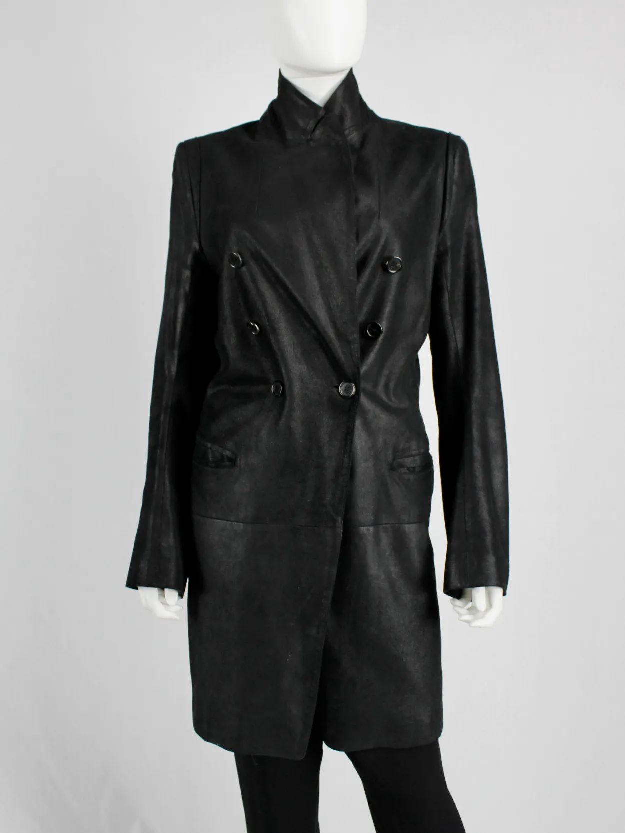 Ann Demeulemeester black leather double breasted coat