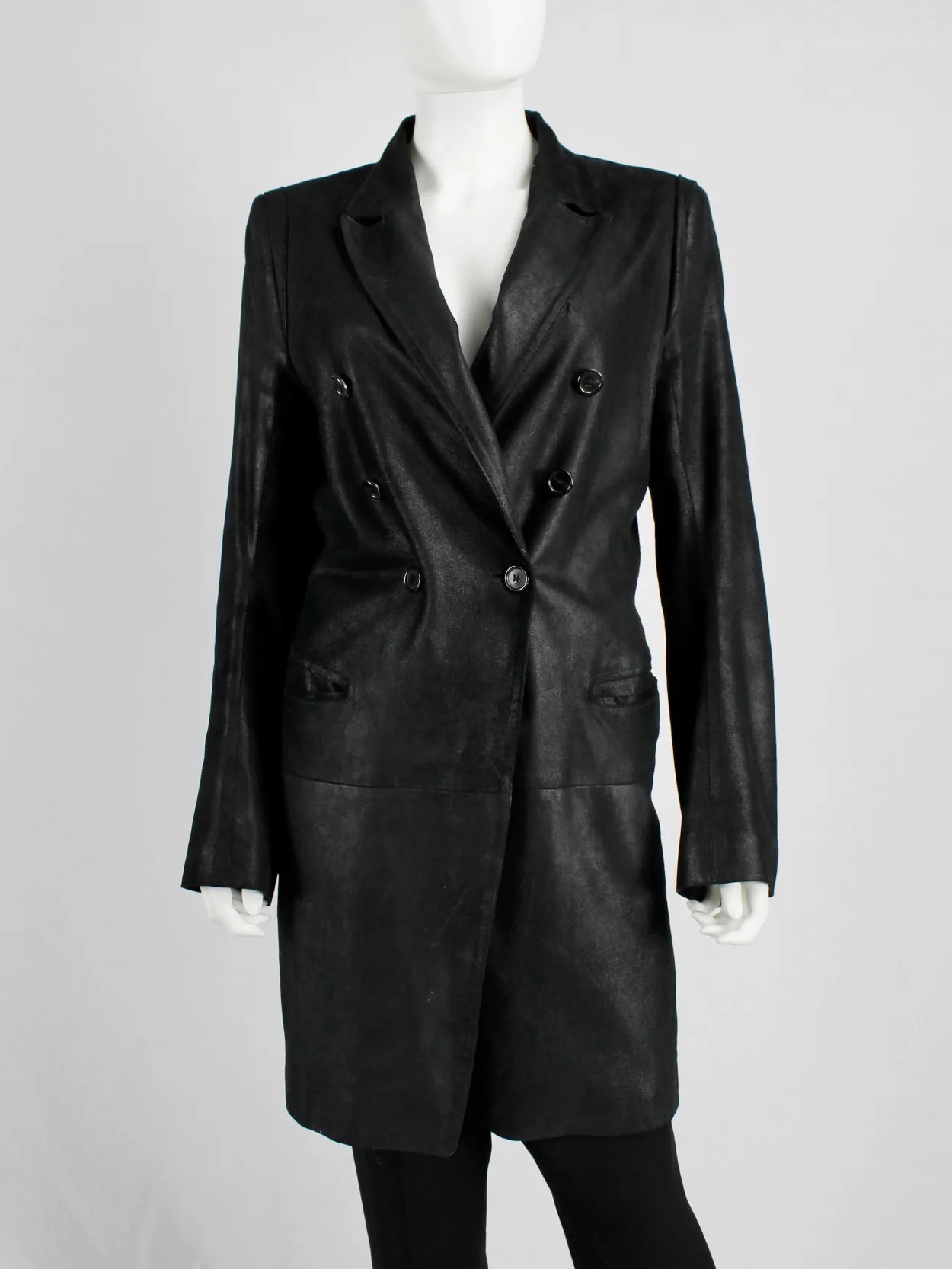 Ann Demeulemeester black leather double breasted coat