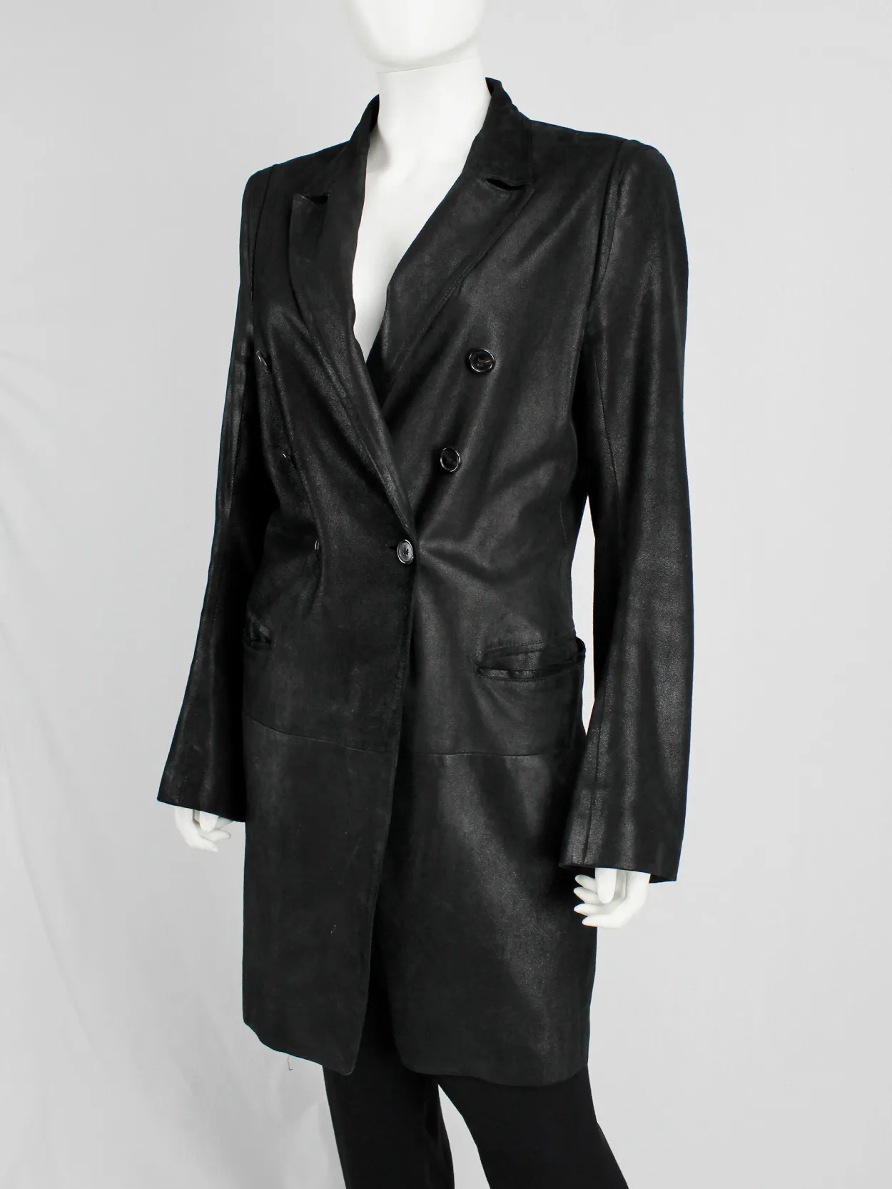 Ann Demeulemeester black leather double breasted coat