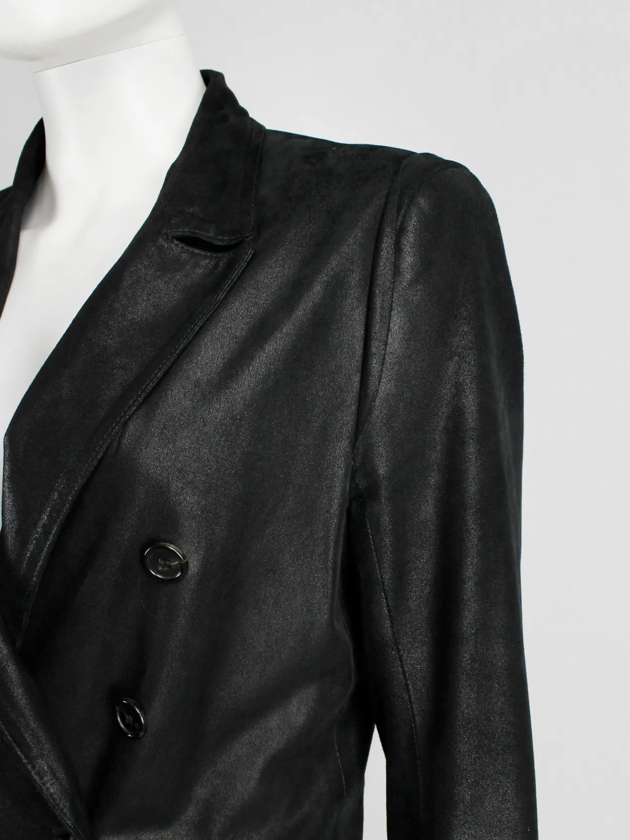 Ann Demeulemeester black leather double breasted coat