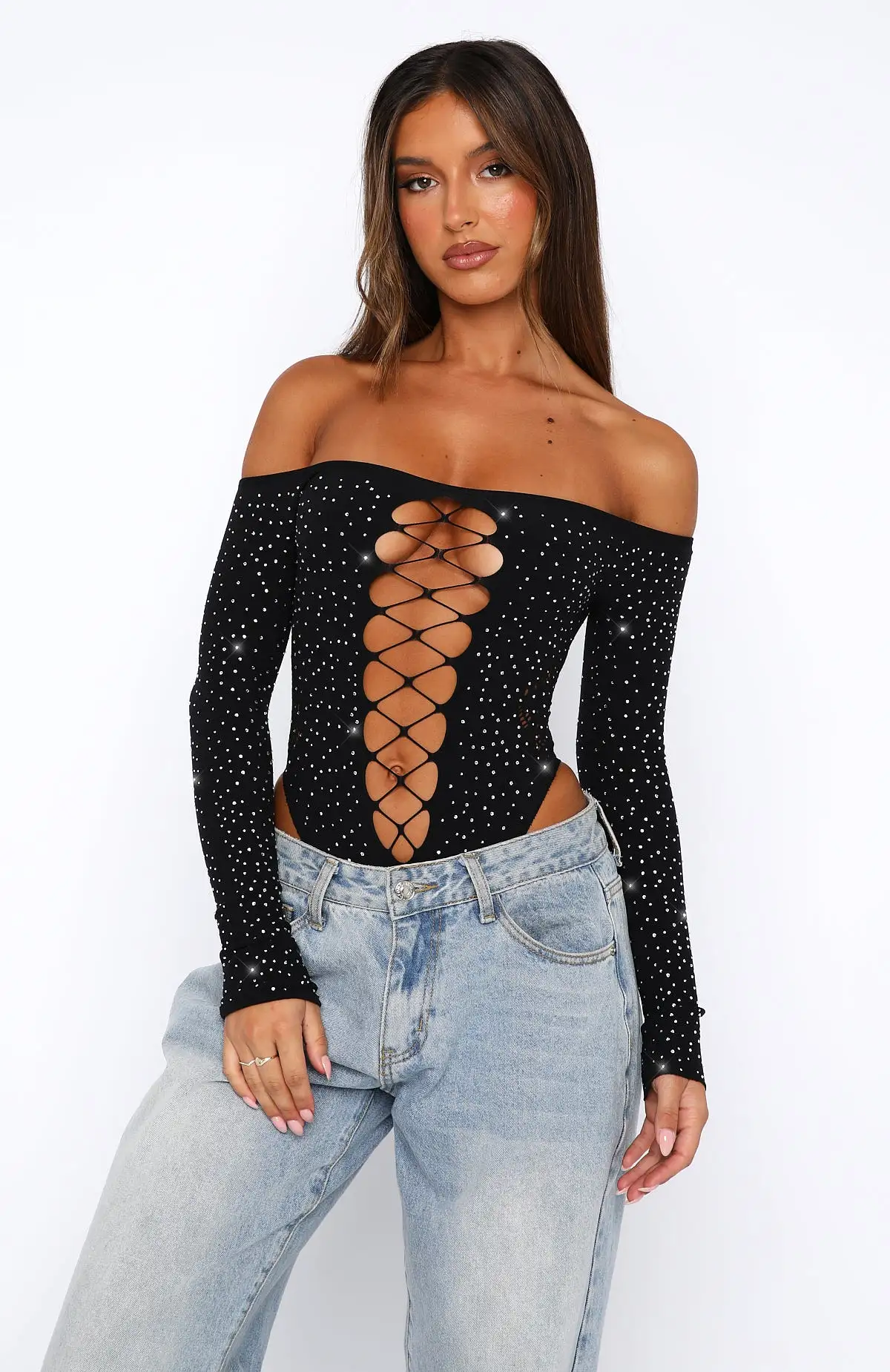 Atmosphere Embellished Long Sleeve Bodysuit Black