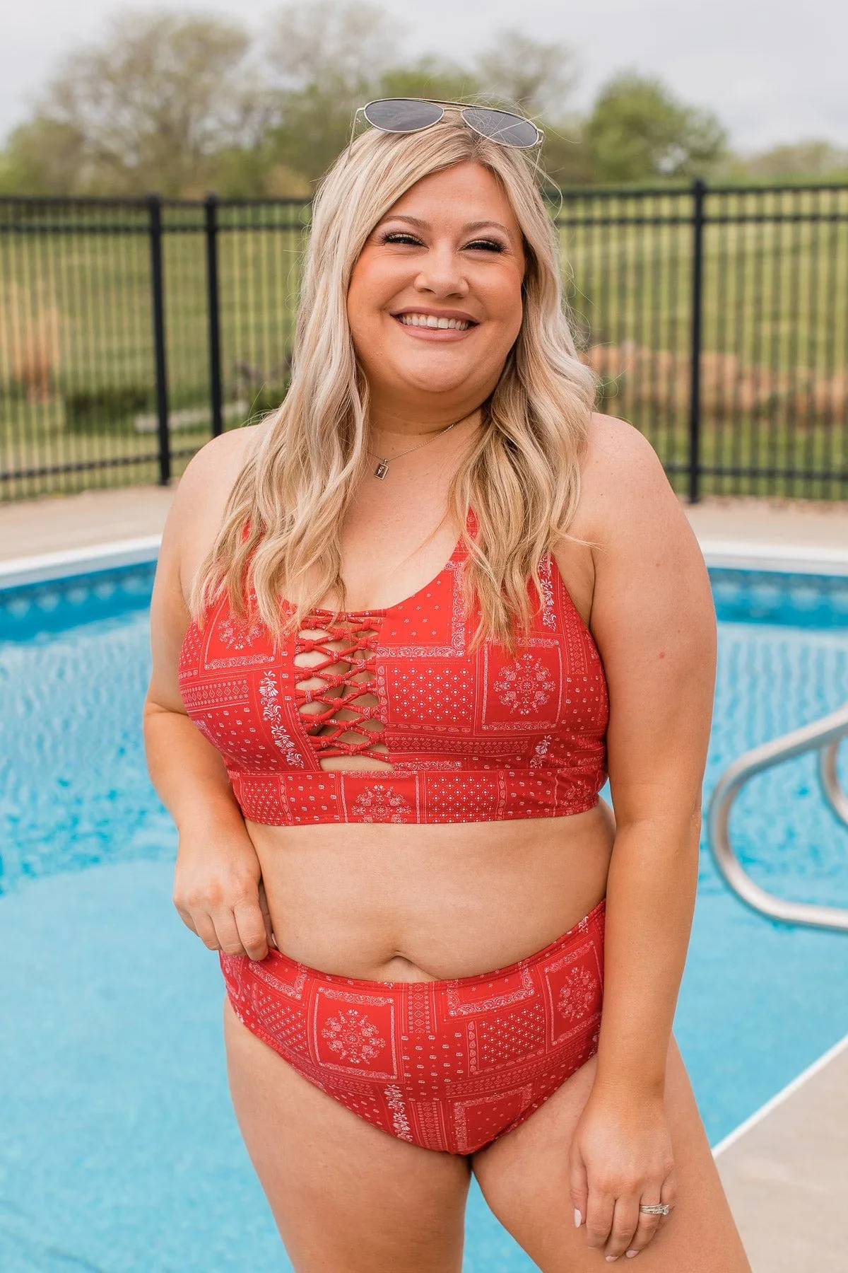 Bask In The Sun Mid-Rise Swim Bottoms- Red Bandana Print