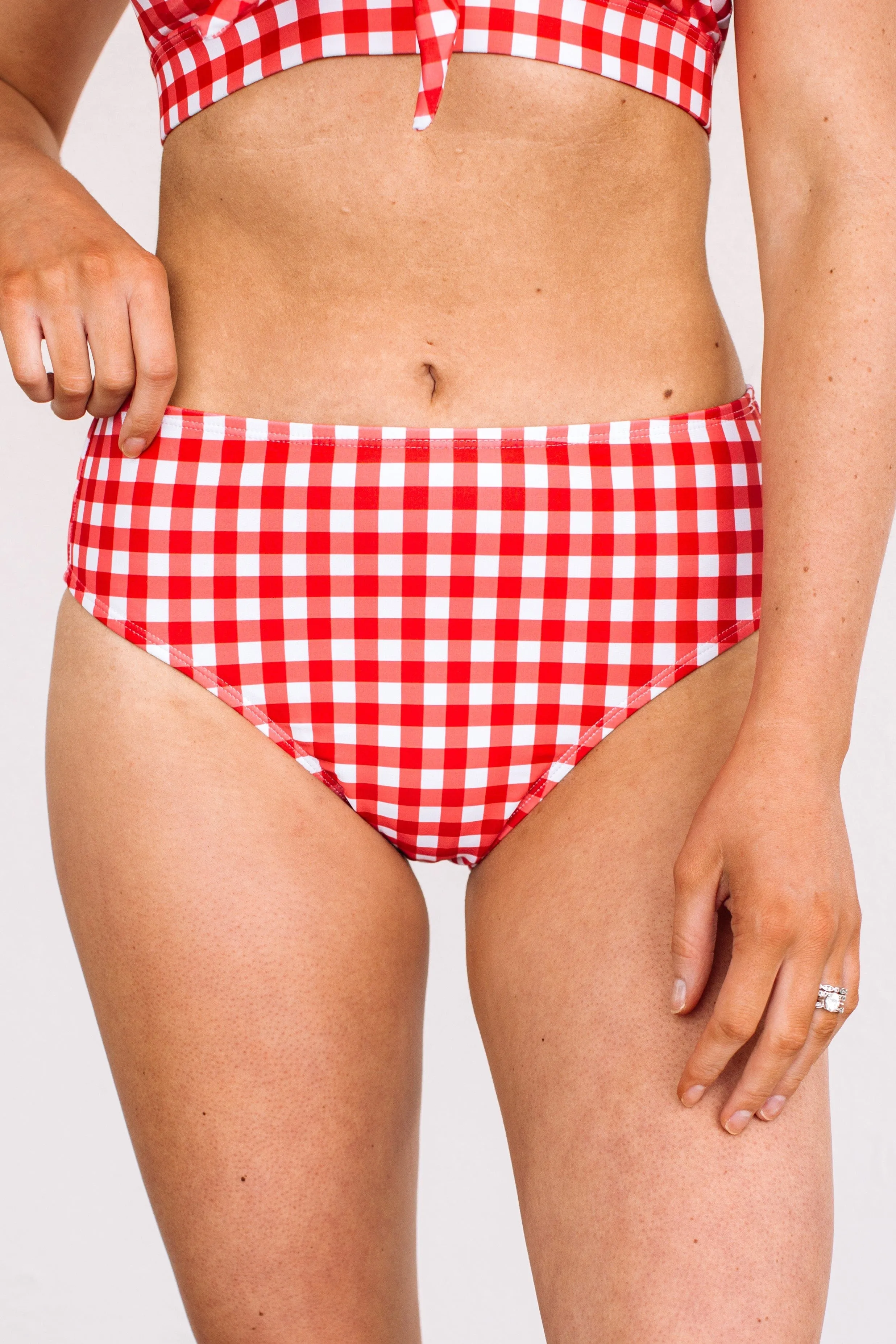 Bask In The Sun Mid-Rise Swim Bottoms- Red Gingham