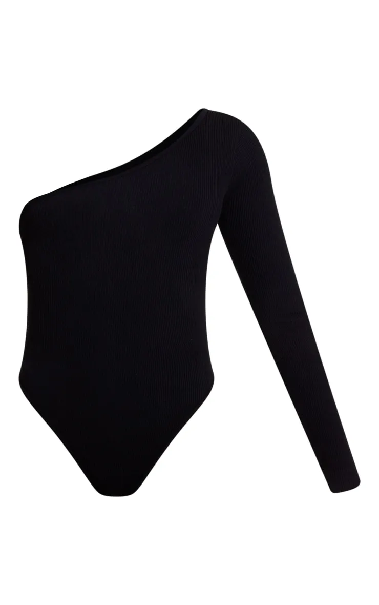 Black Contour Rib One Shoulder Bodysuit