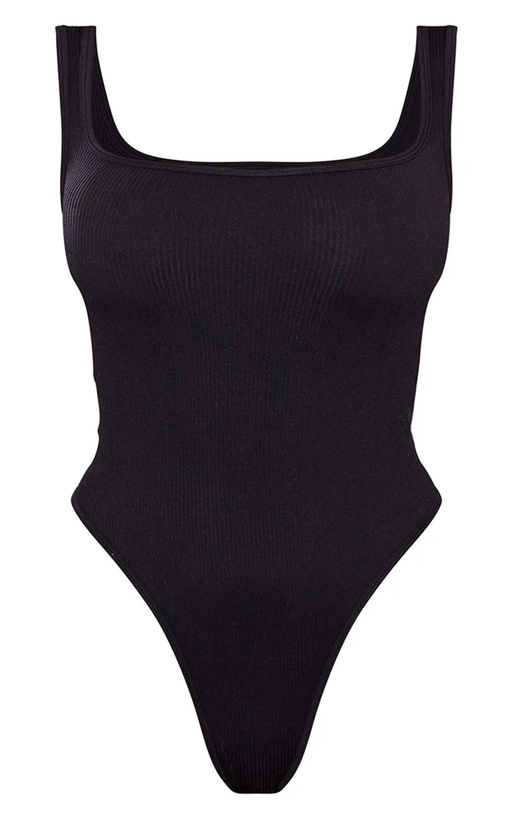 Black Contour Rib Square Neck Sleeveless Bodysuit