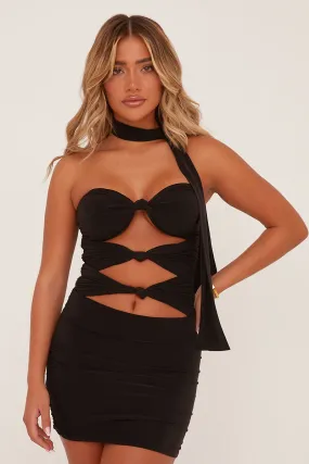 Black Cut Out Knot Detail Bodysuit & Mini Skirt Co-ord - Aubree