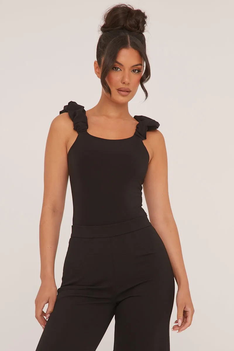 Black Frill Straps Square Neck Bodysuit - Olivia