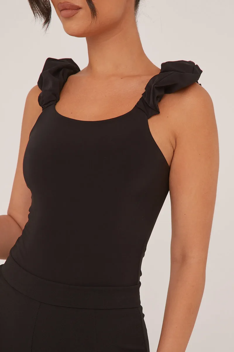 Black Frill Straps Square Neck Bodysuit - Olivia