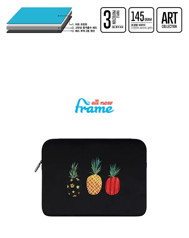 Black Pineapple Graphic iPad 11 13 15 17 inch Laptop Sleeves Cases Protective Covers Purses Handbags Square Cushion Pouches Desi