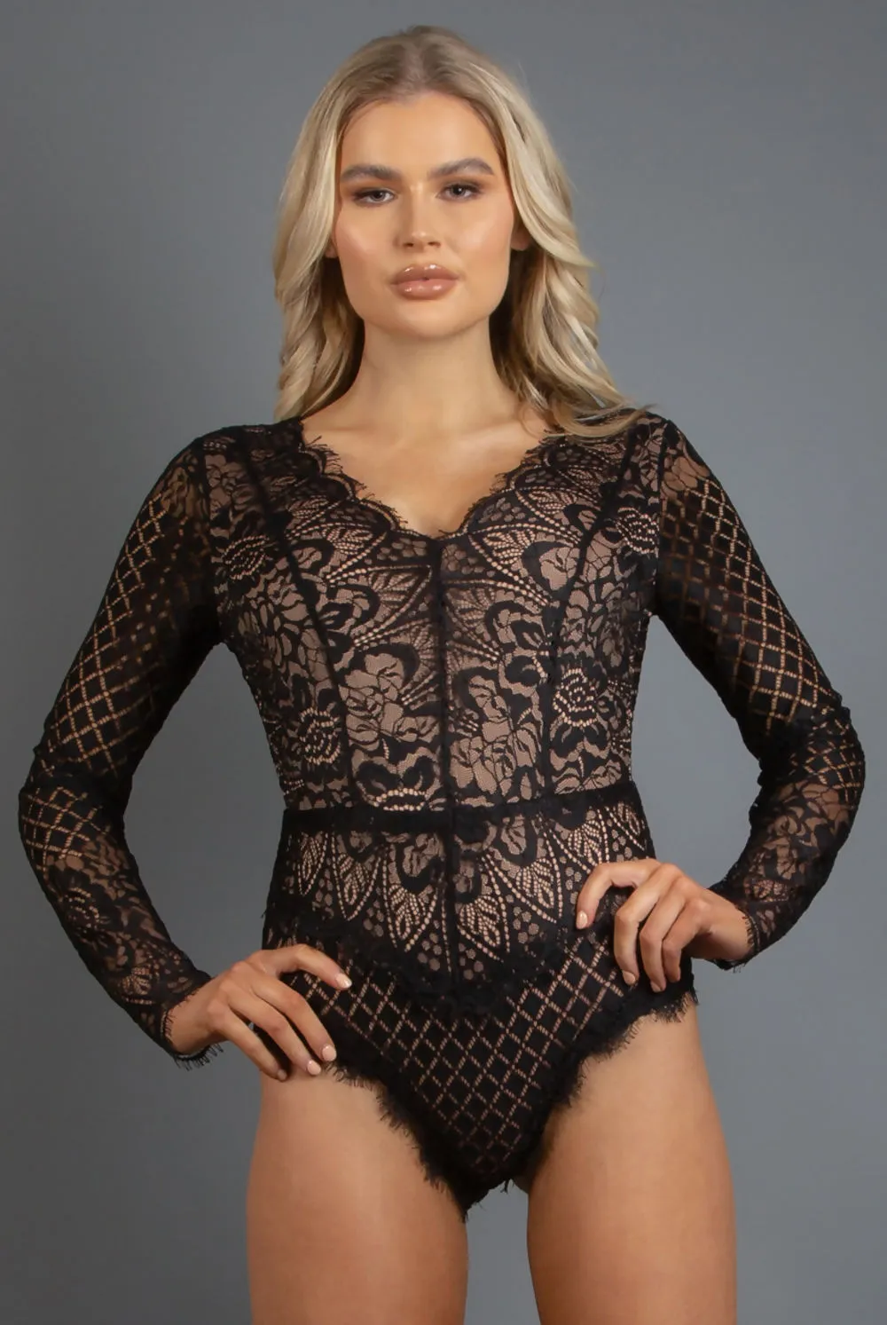 Black Scallop Lace Long Sleeve Bodysuit