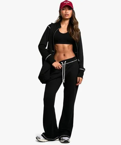 boohoo Womens Contrast Stitch Shrunken Zip Through Sweat And Flared Jogger Tracksuit