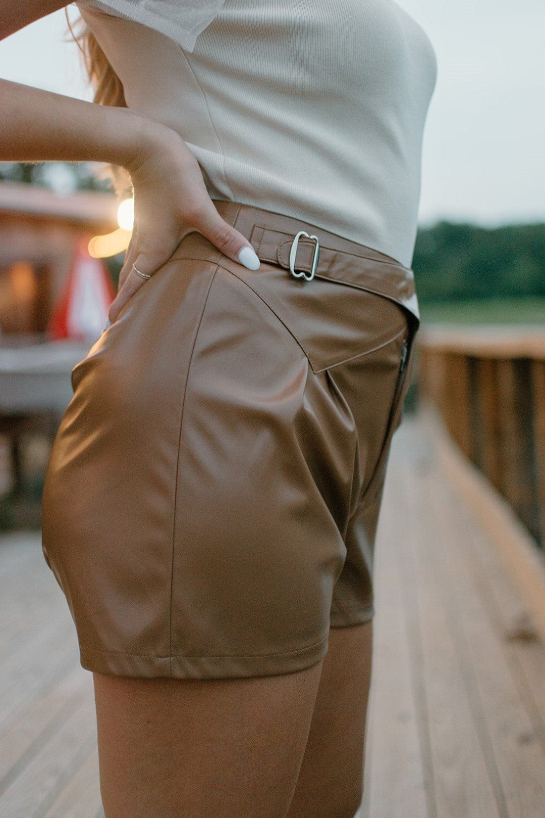 Cognac Buckled Leather Shorts