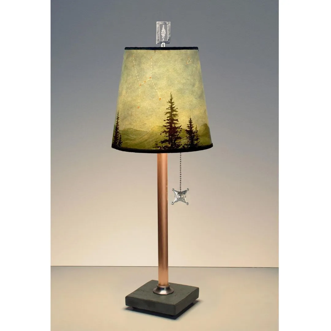 Copper Table Lamp Base with Small Drum Shade in Midnight Sky