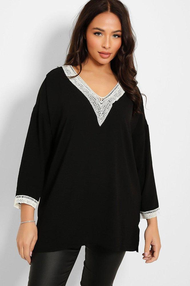 Crochet Lace V-Neck Detail Lazy Fit Blouse