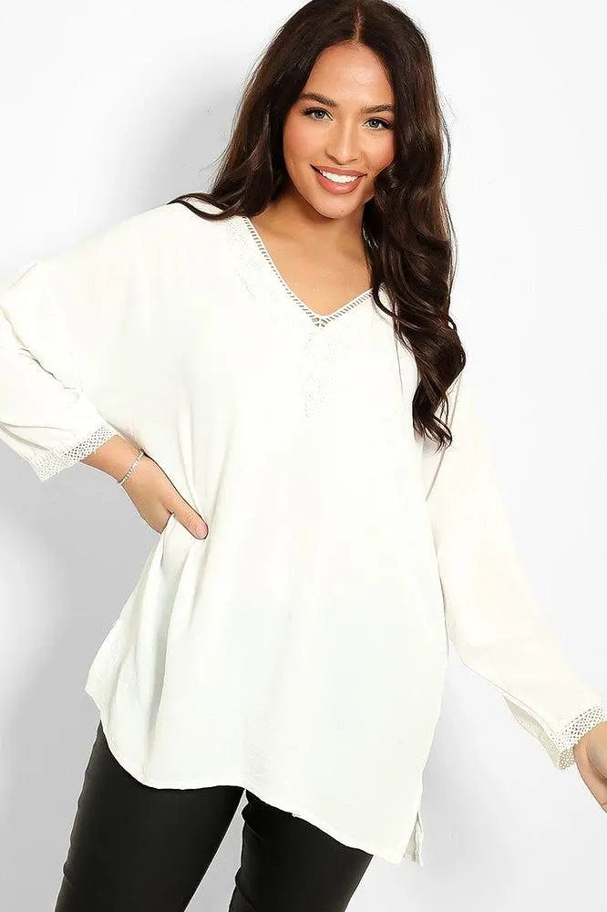 Crochet Lace V-Neck Detail Lazy Fit Blouse