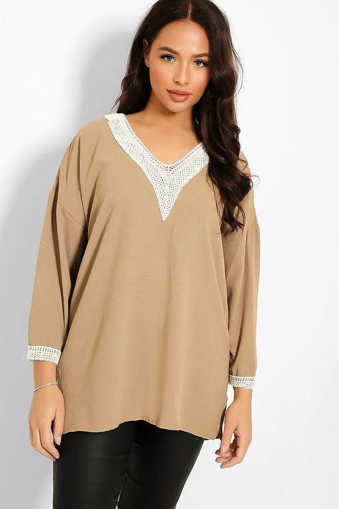 Crochet Lace V-Neck Detail Lazy Fit Blouse