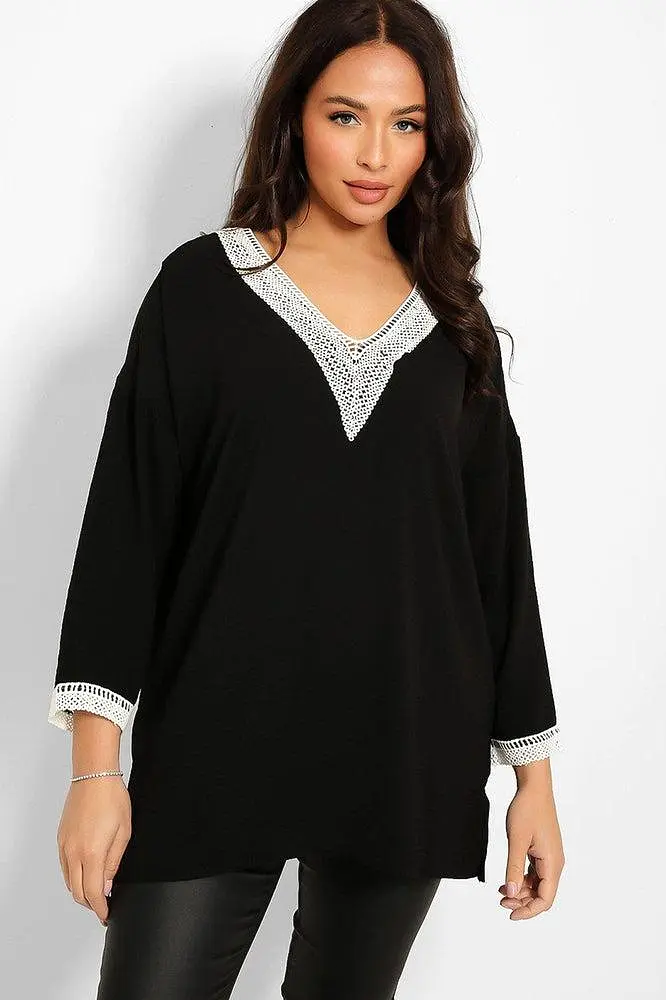 Crochet Lace V-Neck Detail Lazy Fit Blouse