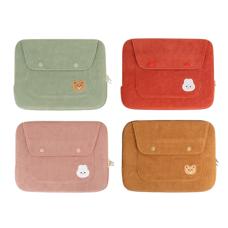 Cute Embroidery Bear Bunny Rabbit Corduroy Laptop Sleeves iPad 11 13 15 Cases Skins Protective Covers Purses Handbags Square Pou