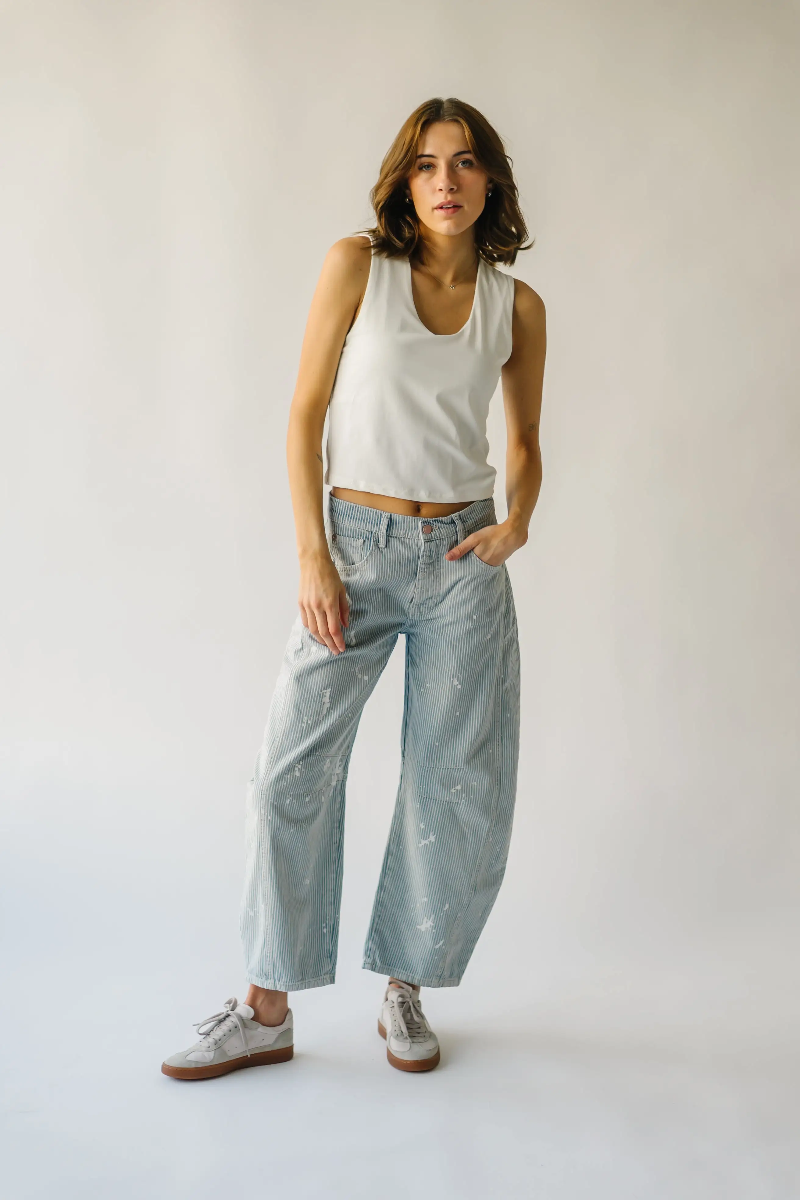 Free People: Good Luck Mid Rise Stripe Barrel Jean in Railroad Tracks