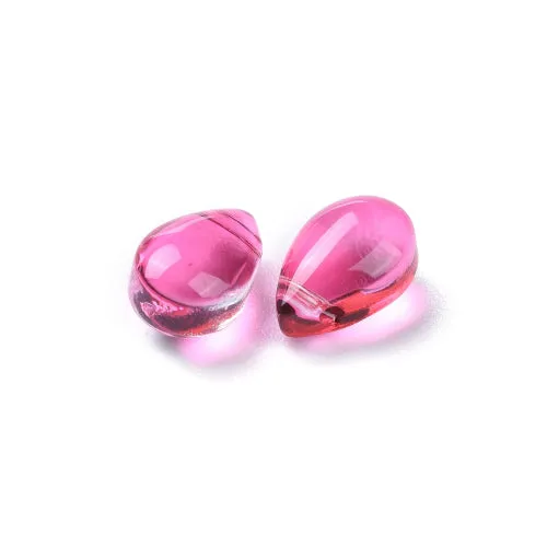 Glass Beads, Teardrop, Transparent, Top Drilled, Deep Pink, 9mm