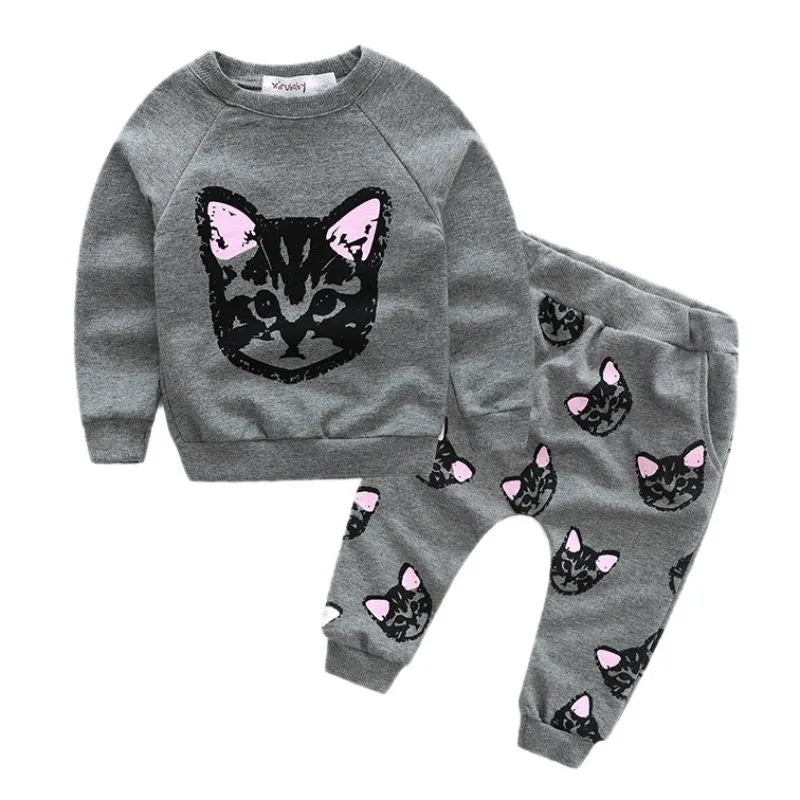 Kids Girls Boys Clothes Sets Cat Print Cartoon Cute Long Sleeve Cotton 2pcs Set Children's Casual Baby Suit Clothing SM6