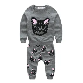 Kids Girls Boys Clothes Sets Cat Print Cartoon Cute Long Sleeve Cotton 2pcs Set Children's Casual Baby Suit Clothing SM6