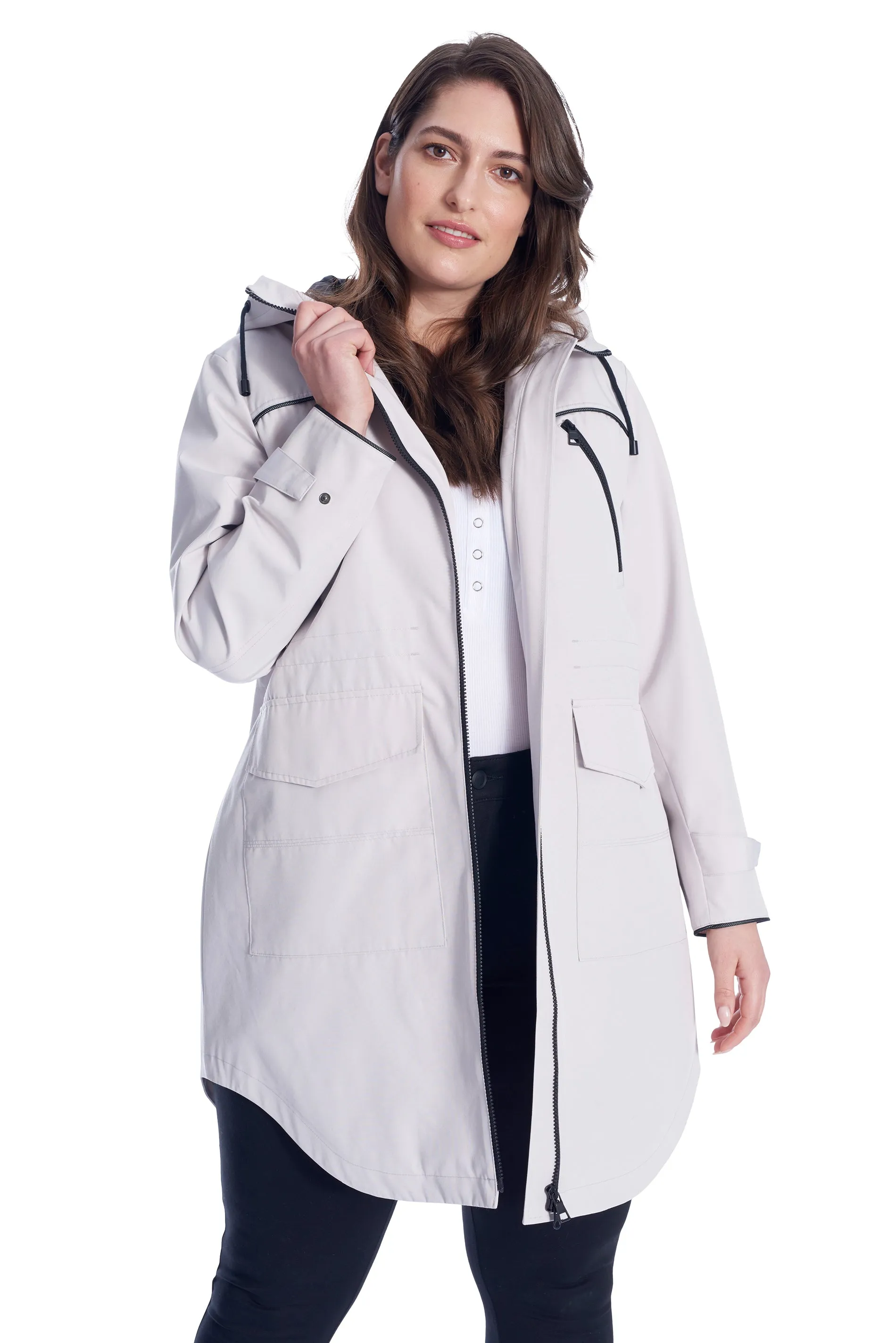 KUSAWA PLUS | WOMEN'S DRAWSTRING RAINCOAT, PLATINUM (PLUS SIZE)