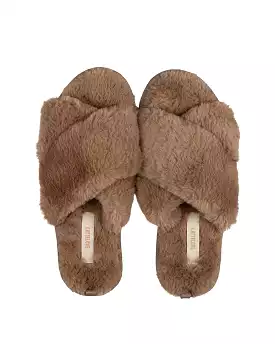 LATTELOVE Faux Fur Cross Slide Slipper in Mocha- LW02AC1012MOLG