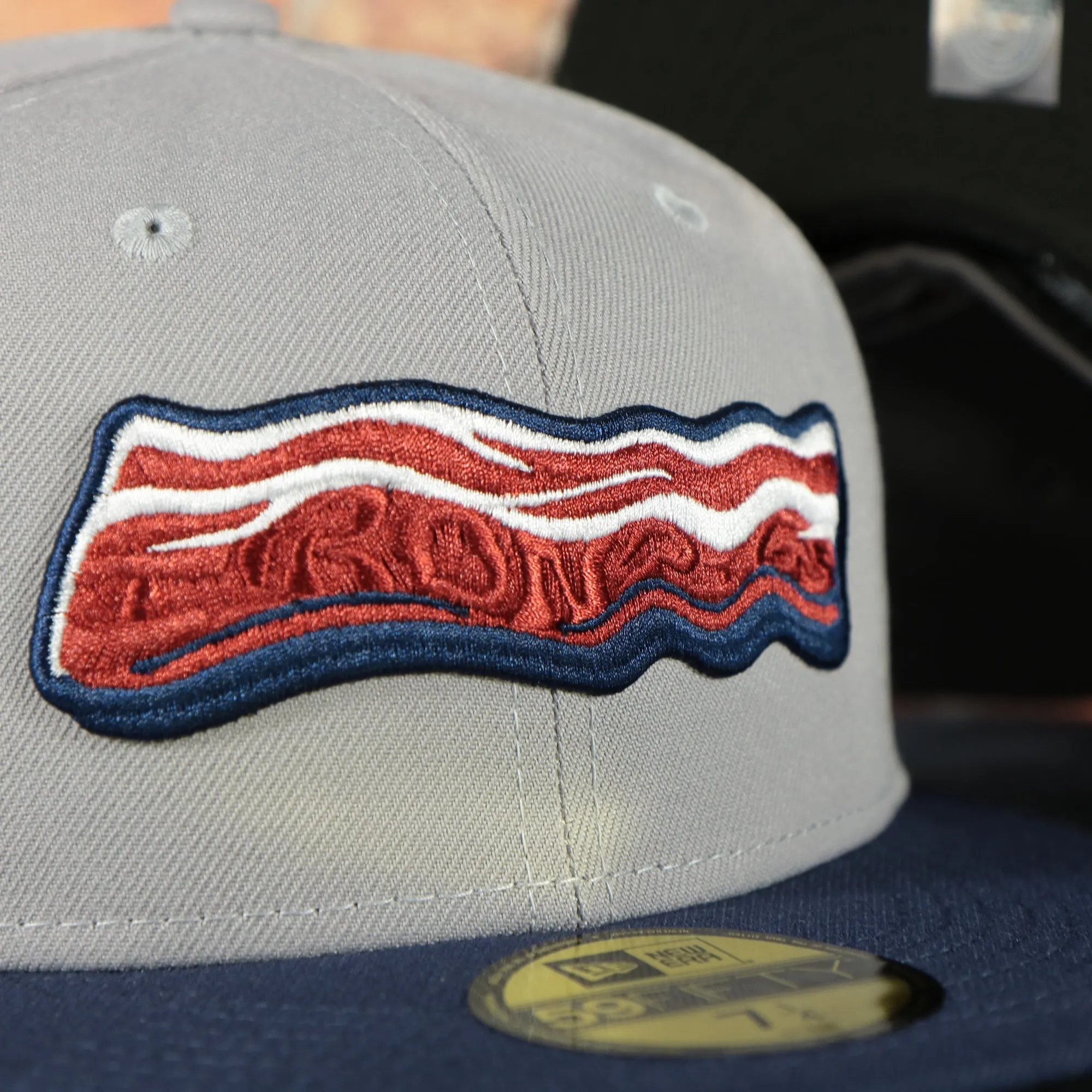 Lehigh Valley Ironpigs On Field Plain Jane 2014 Ironpigs Bacon Logo MiLB Black Bottom 2 Tone | Navy/Grey 59Fifty Fitted Cap