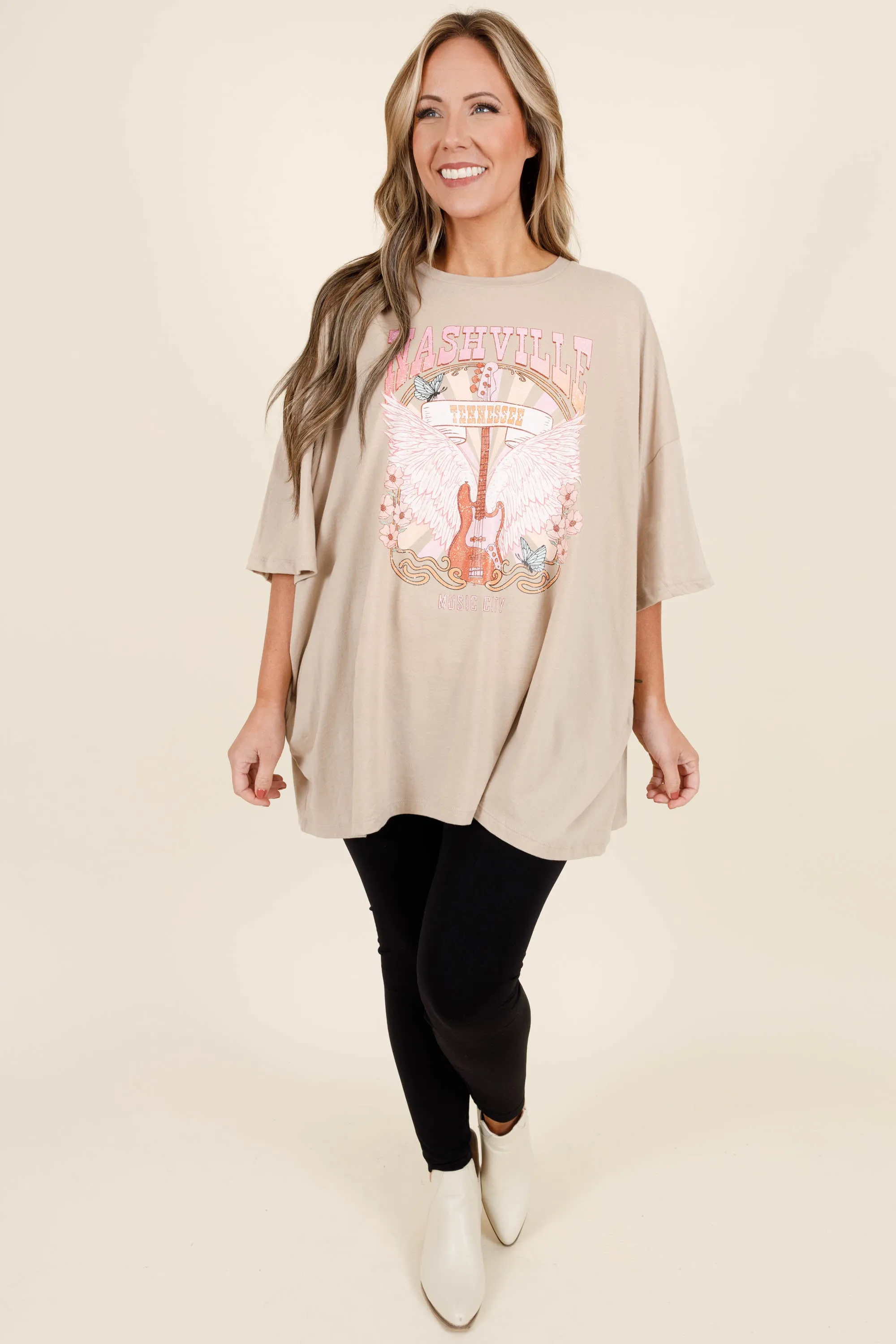 Night In Nashville Boyfriend Tee, Light Mocha