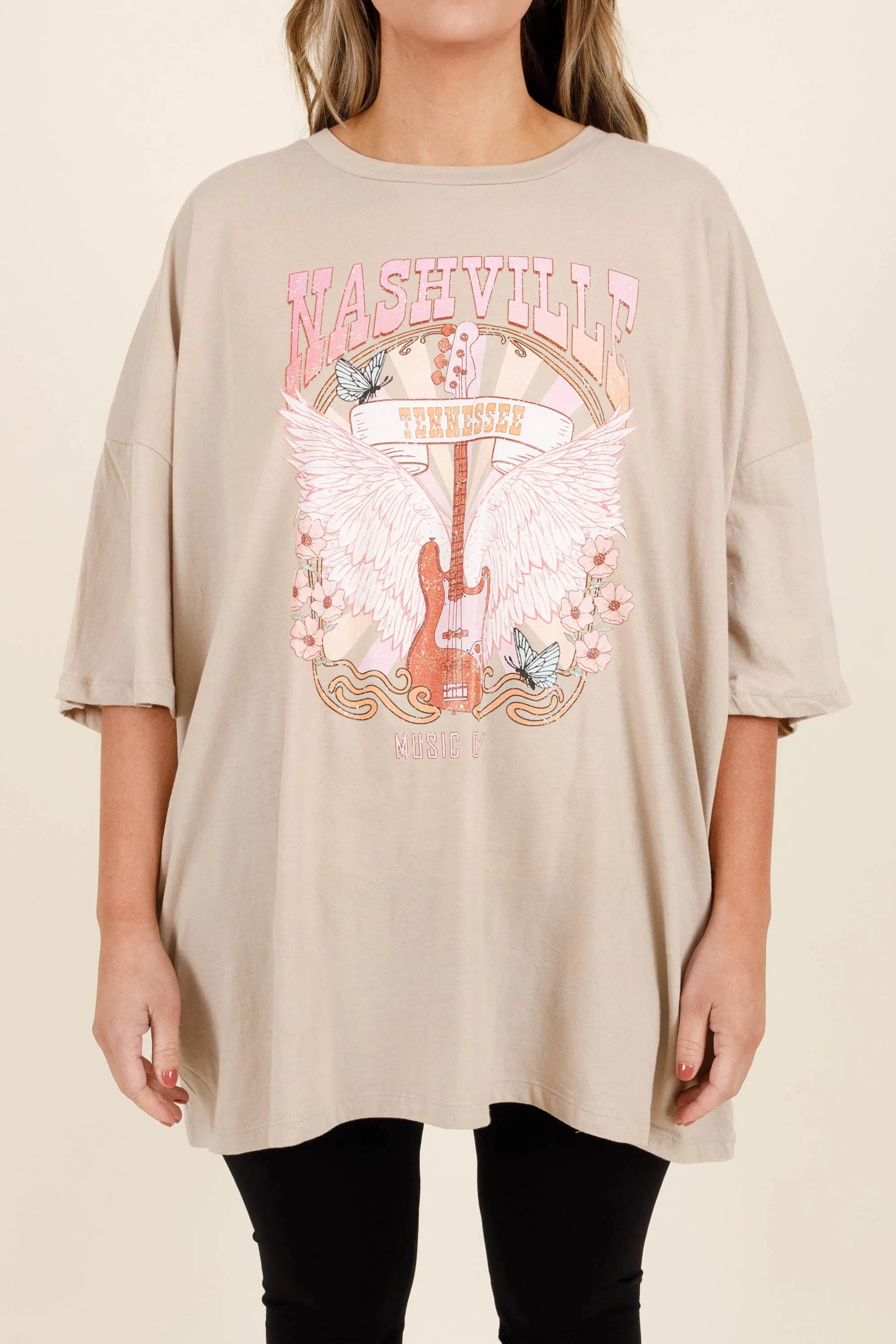 Night In Nashville Boyfriend Tee, Light Mocha