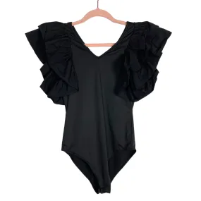 No Brand Black Ruffle V-Neck Bodysuit- Size S