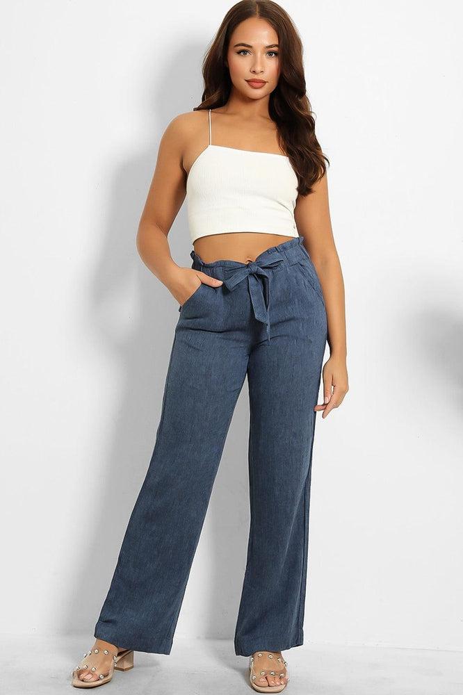 Paper Bag Waist Linen Blend Wide Leg Trousers