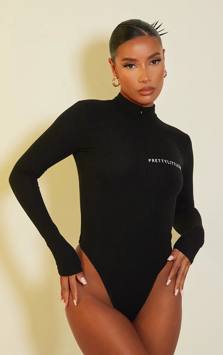 Plt Black Crinkle Rib Half Zip Bodysuit