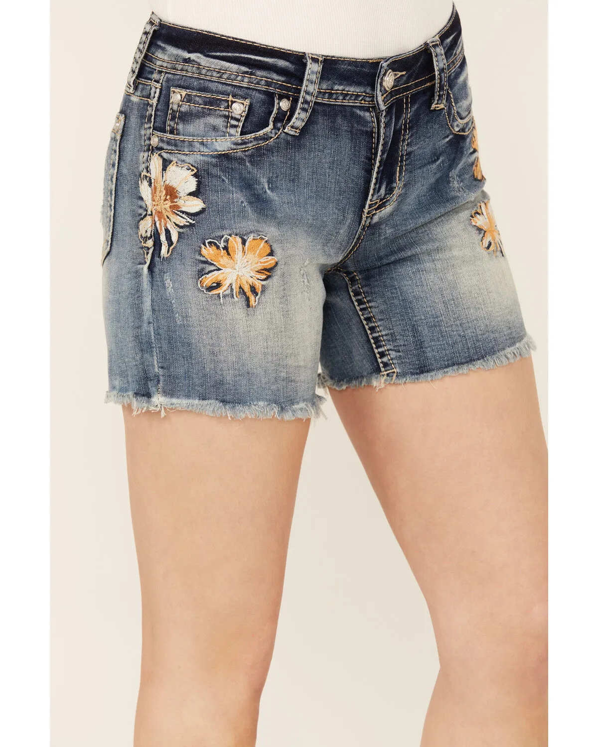 Product Name:  Grace In LA Women's Medium Wash Floral Embroidered Mid Rise Cutoff Stretch Denim Shorts