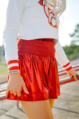 Red Shimmer Smocked Shorts