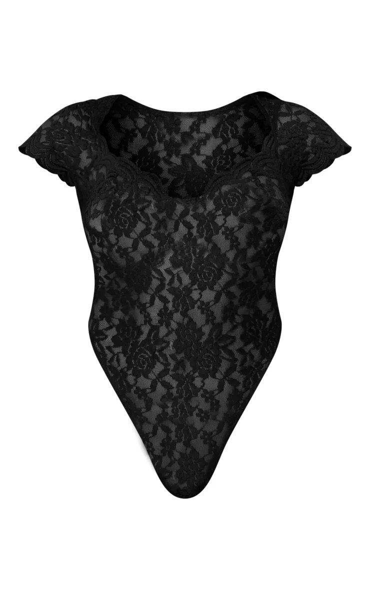 Shape Black Lace Short Sleeve Cut Out Bodysuit