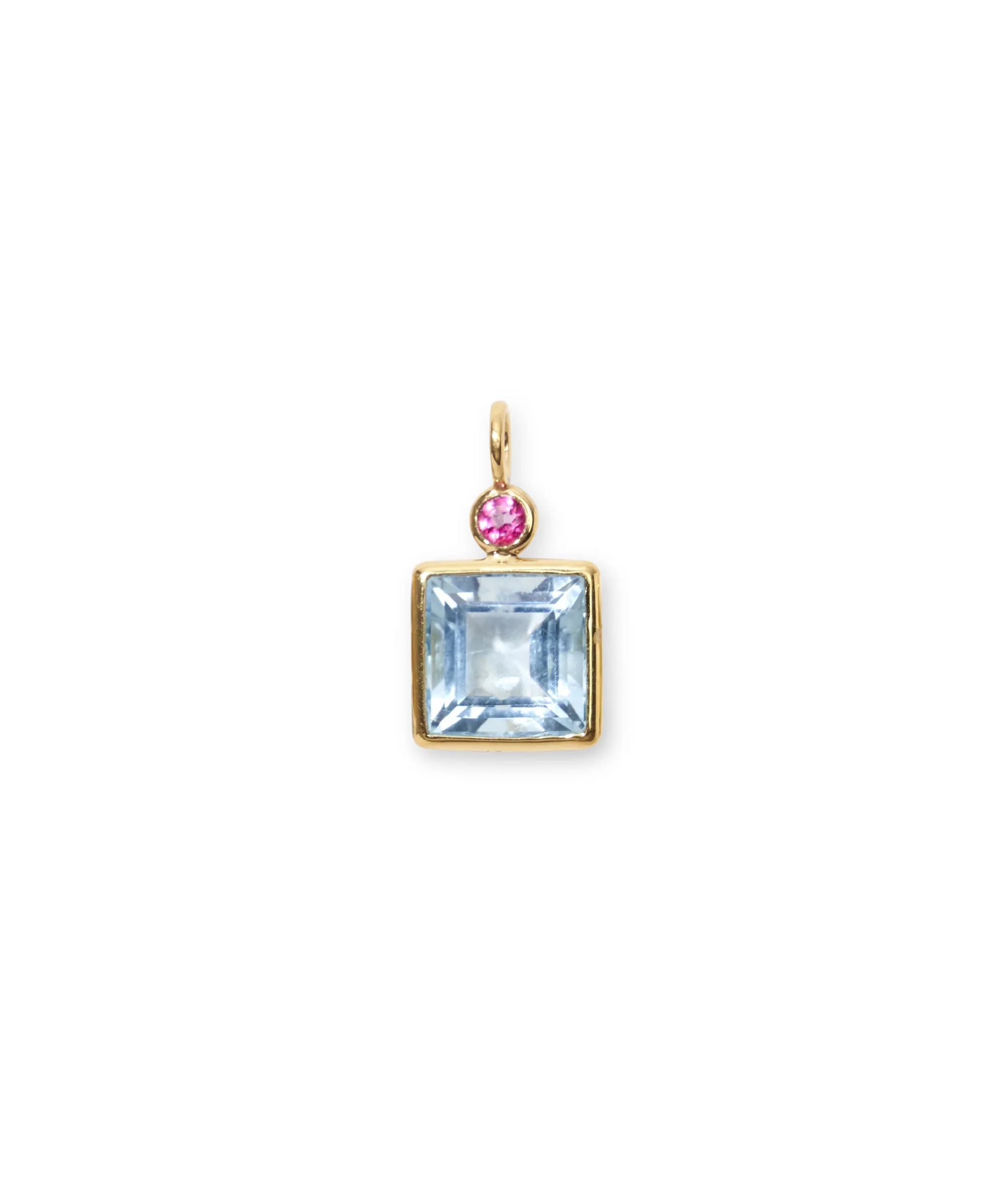 Square 14k Gold Necklace Charm in Pink & Sky Blue Topaz