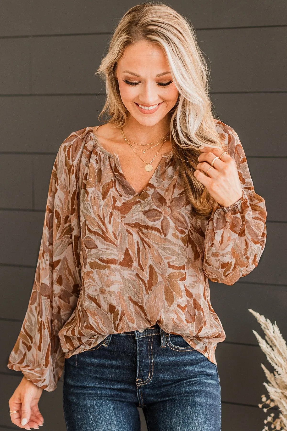 Stay In Love Long Sleeve Blouse- Mocha