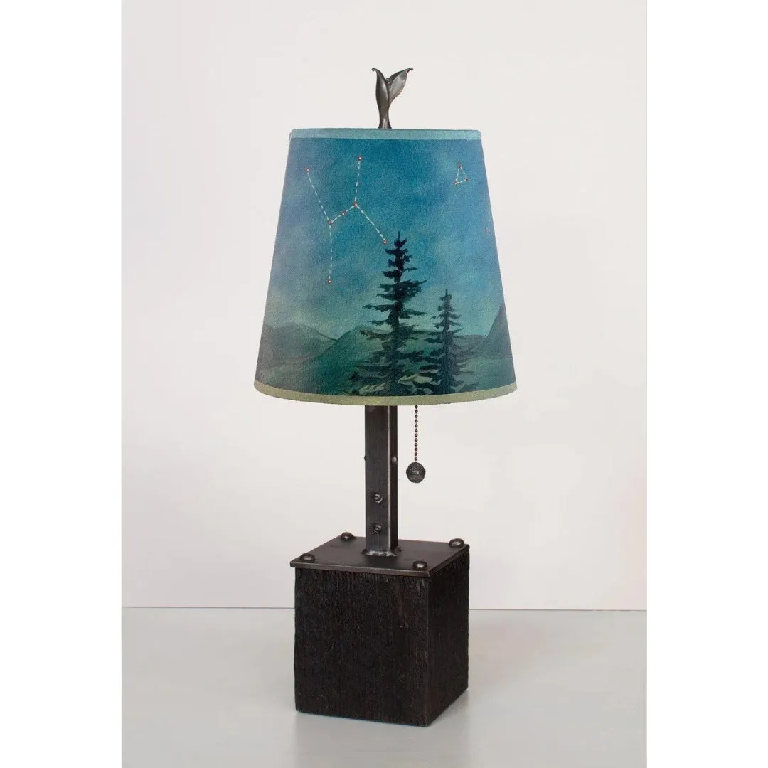 Steel Table Lamp on Reclaimed Wood with Small Drum Shade in Midnight Sky