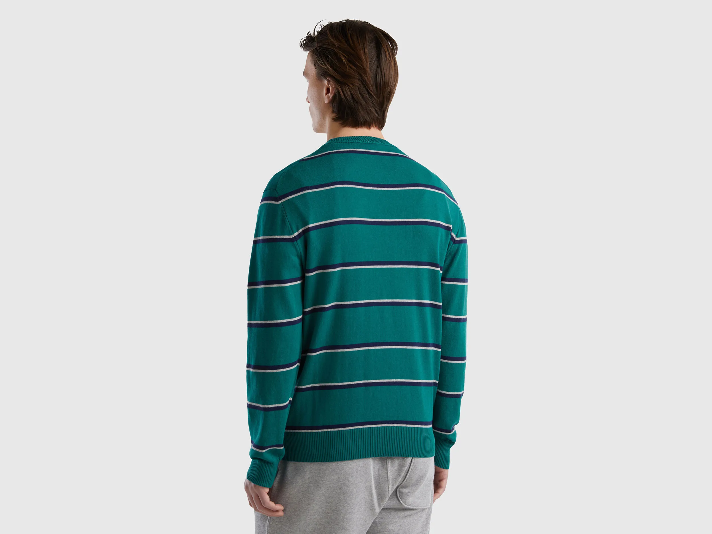 Striped 100% cotton sweater - Dark Green | Benetton