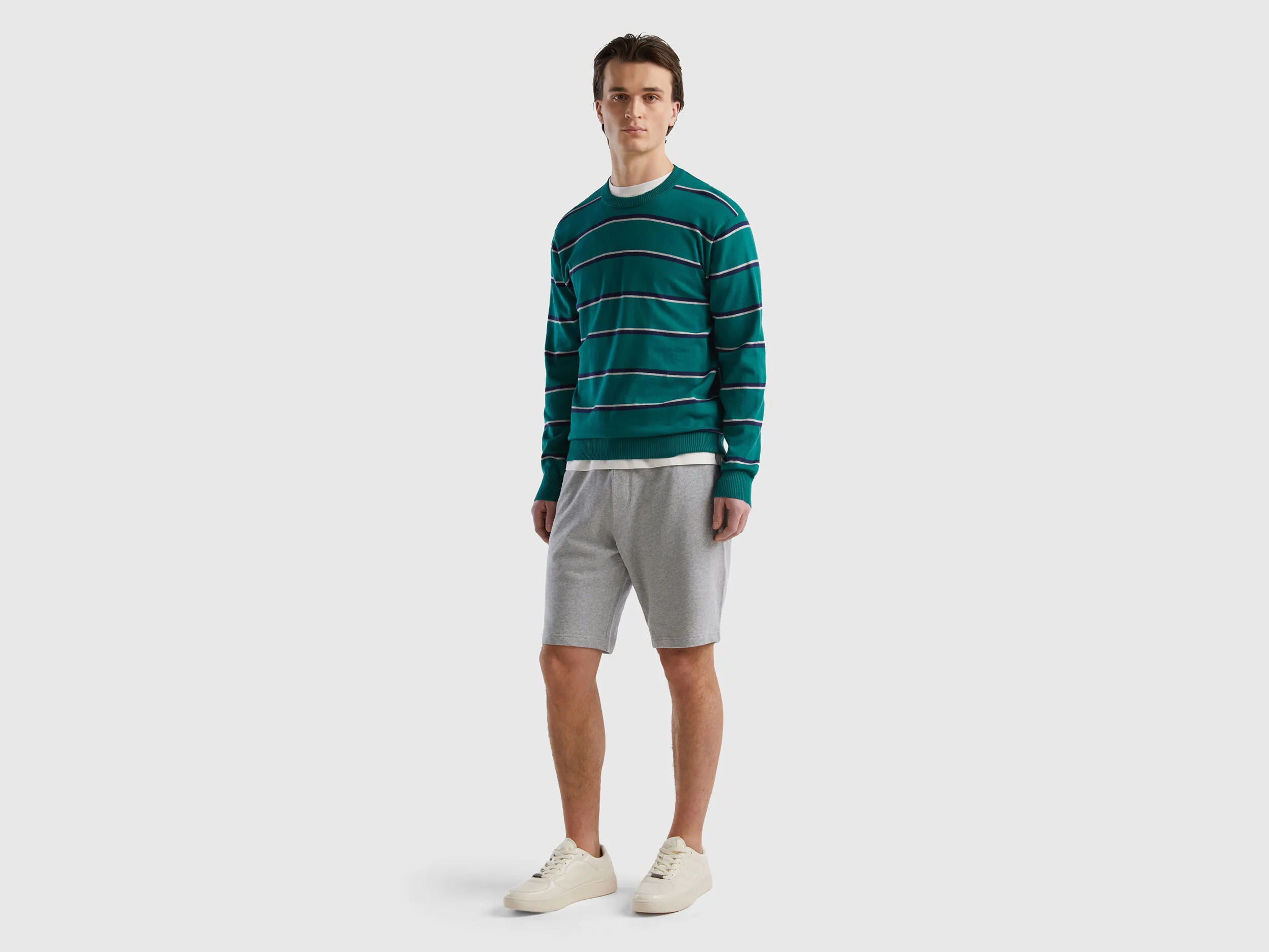 Striped 100% cotton sweater - Dark Green | Benetton