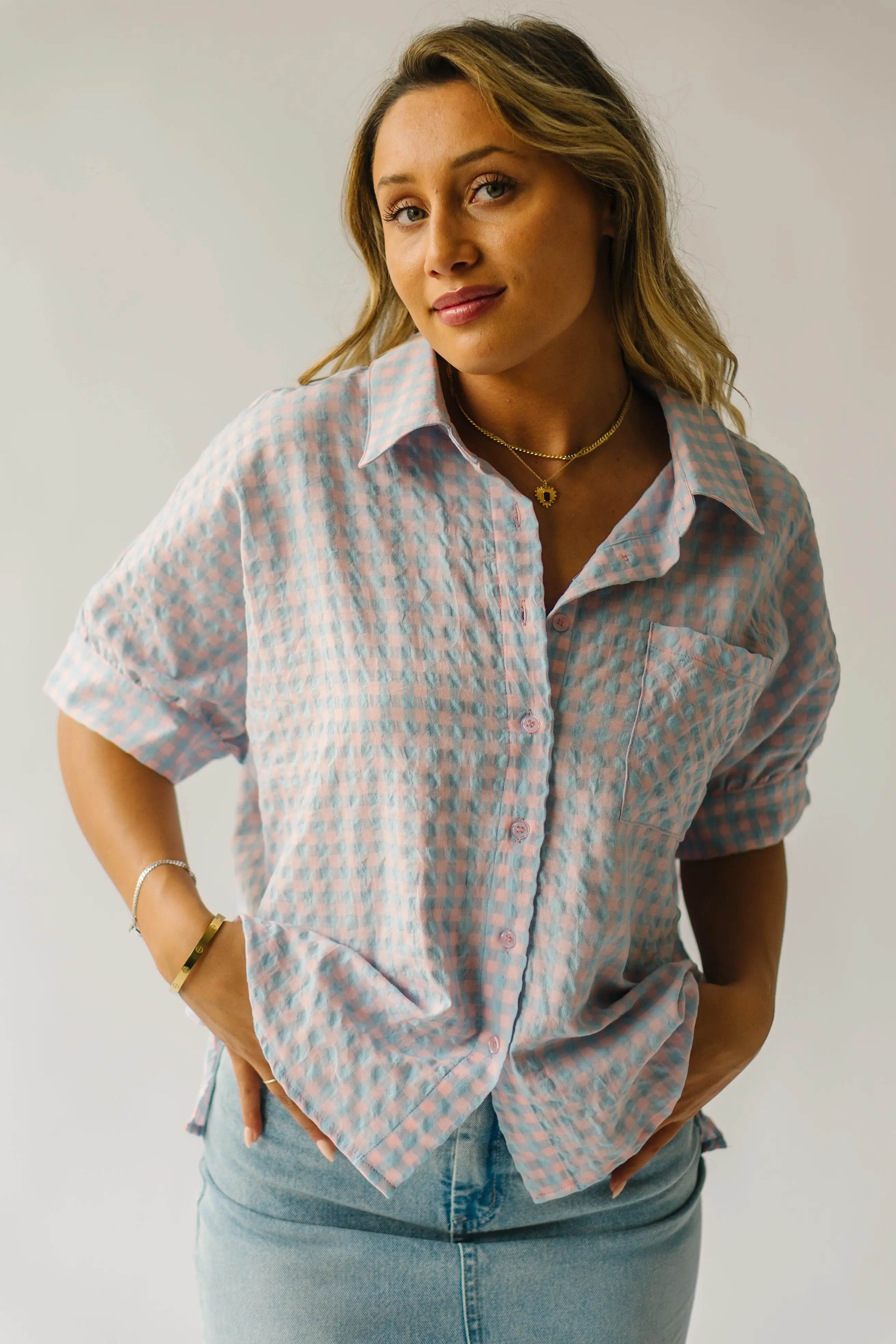 The Laia Checkered Button-Up Blouse in Sky Blue + Pink