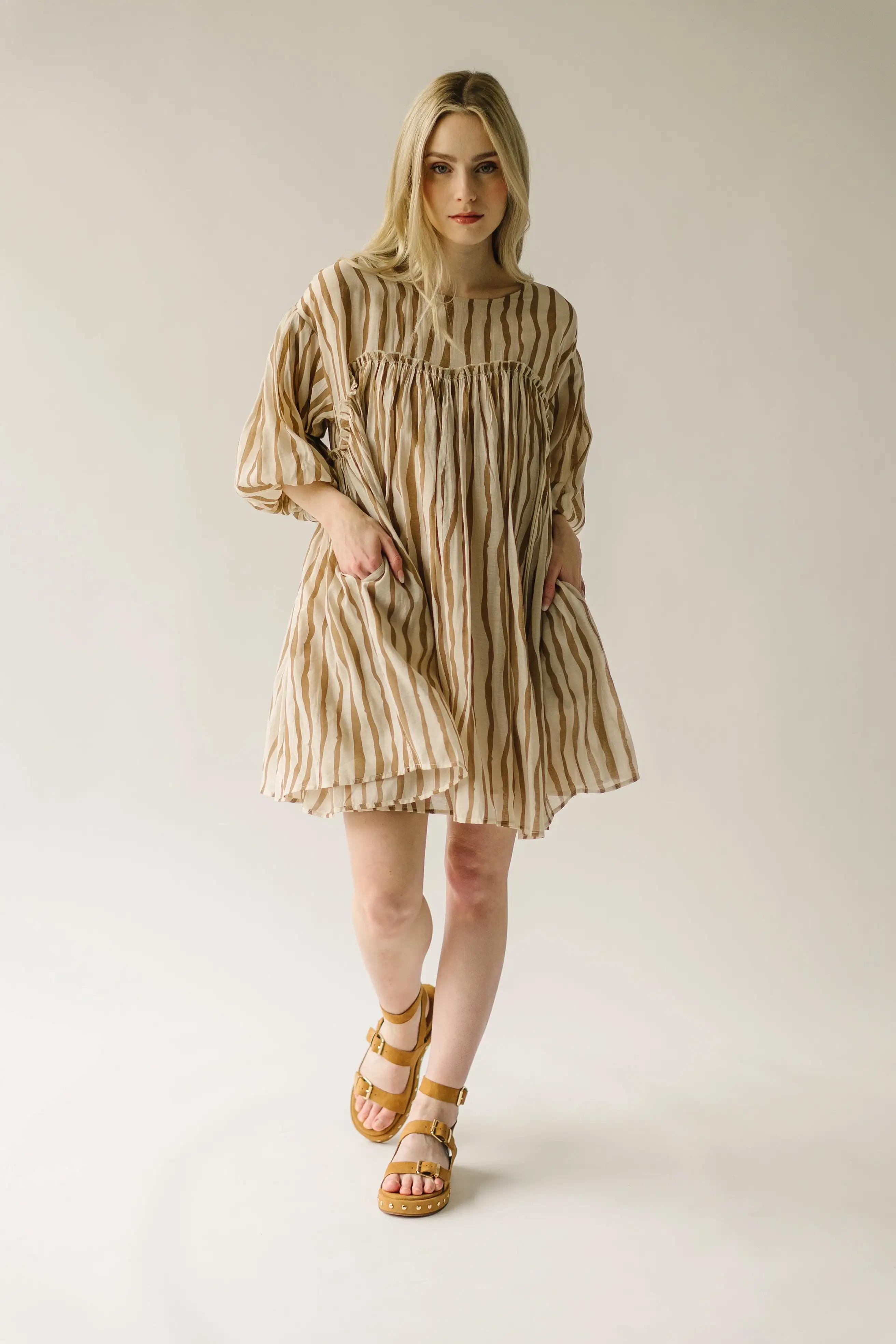 The Pampa Bubble Sleeve Babydoll Dress in Mocha Stripe