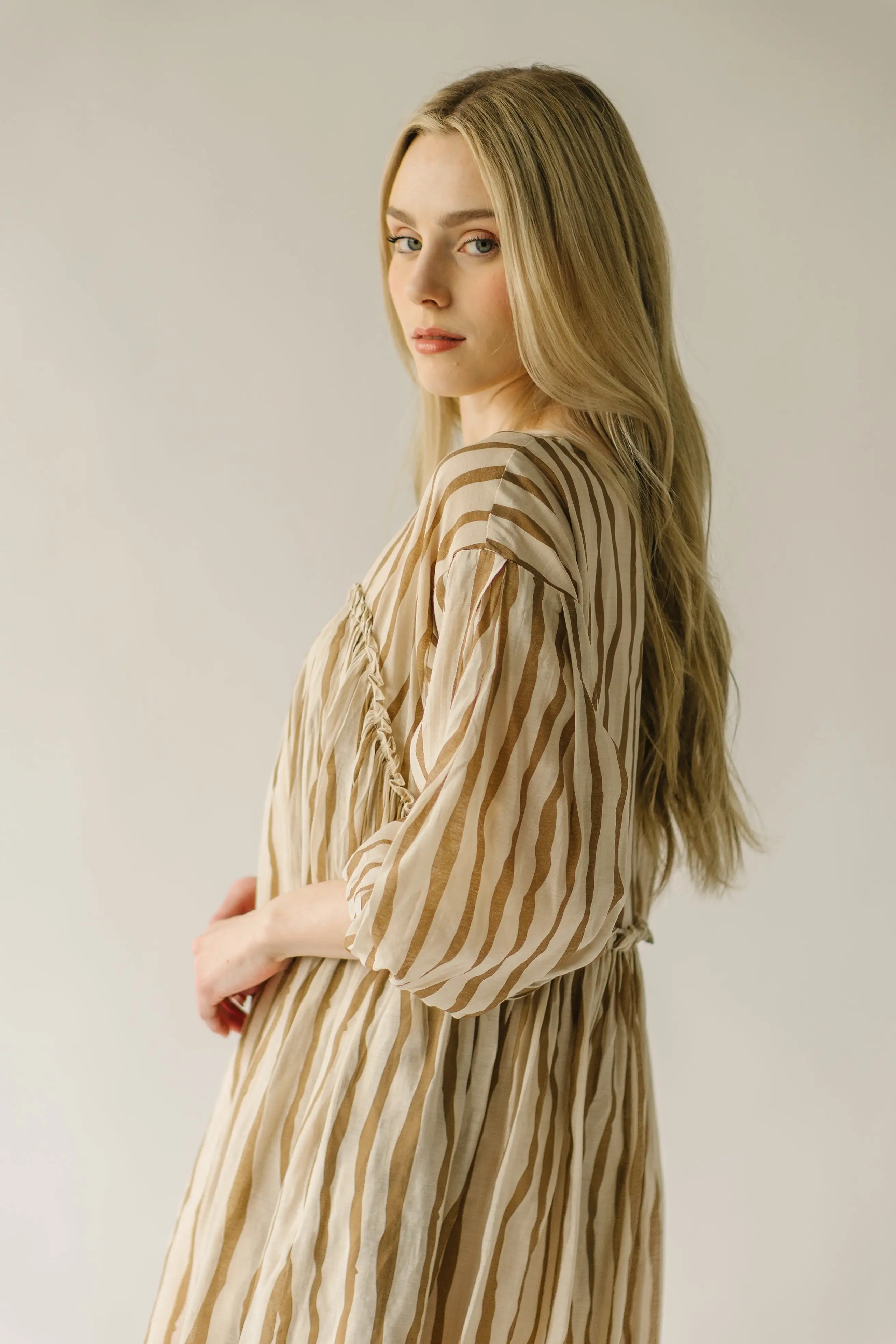 The Pampa Bubble Sleeve Babydoll Dress in Mocha Stripe