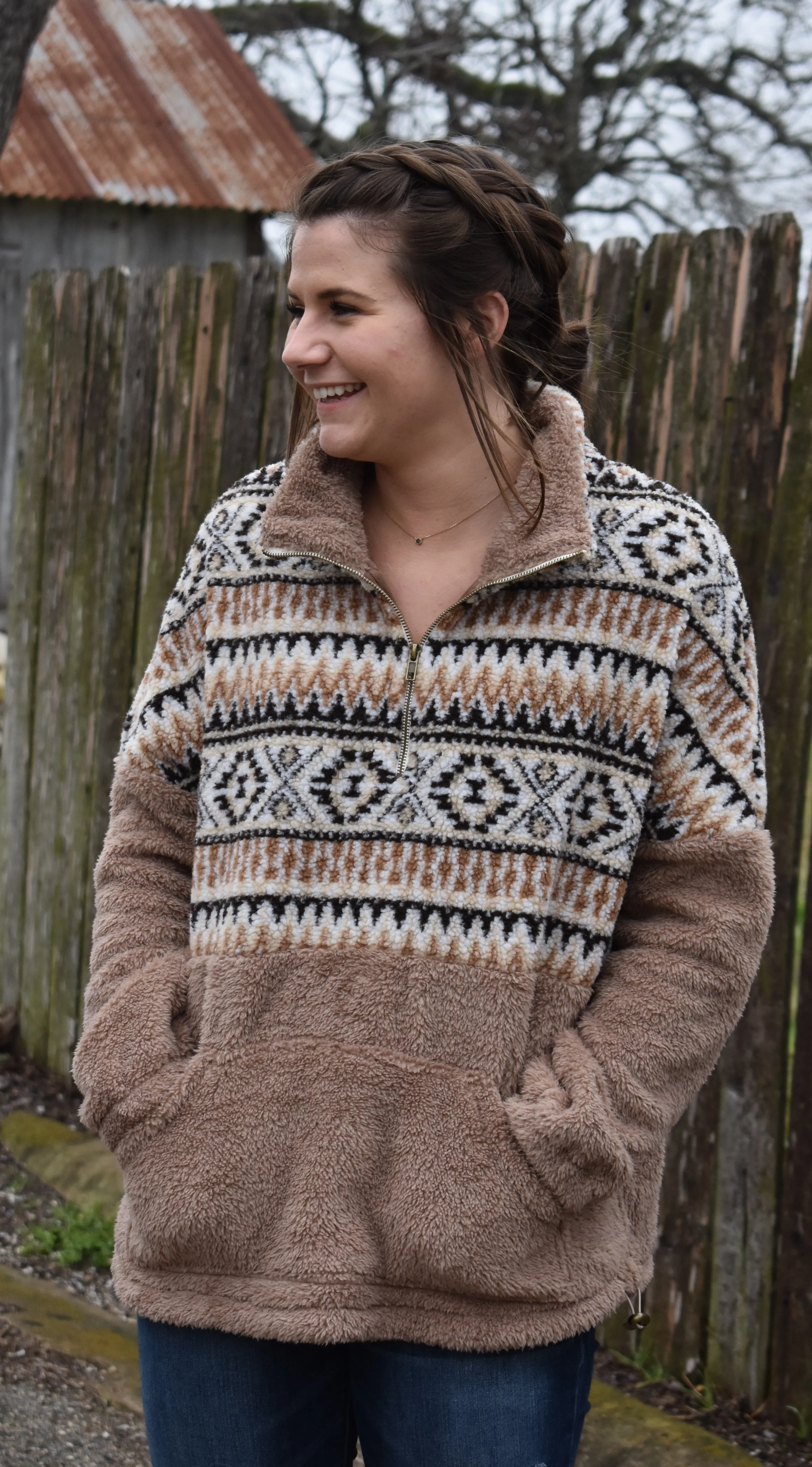 Tribal Print Zip Up Fuzzy Over Sized Pull Over