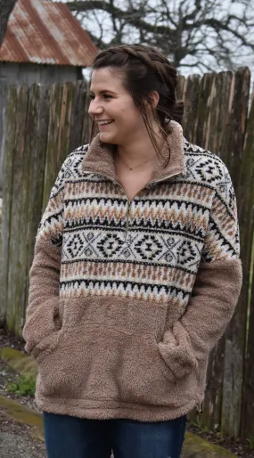 Tribal Print Zip Up Fuzzy Over Sized Pull Over